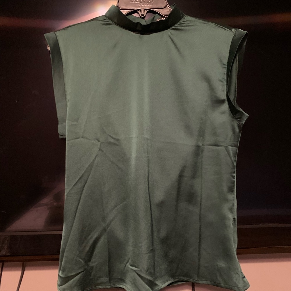 Emerald green blouse/open back/turtleneck choker